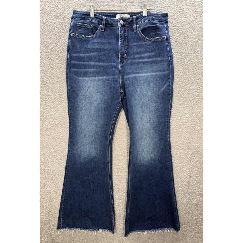 MOCO Boutique Jeans Womens 16W Blue Tummy Control Flare Raw Hem Distressed Denim